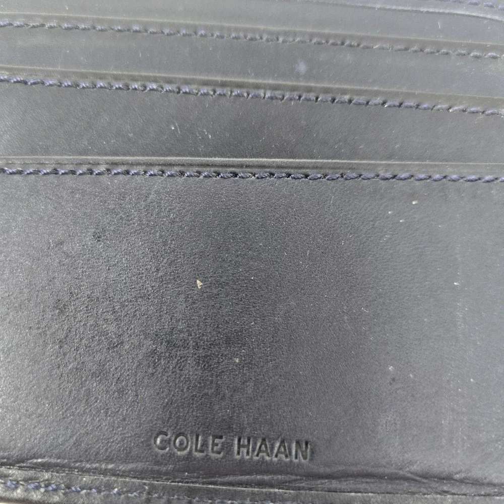 Cole‎ Haan Mens Bifold Wallet Navy Blue Leather Slim Card Holder